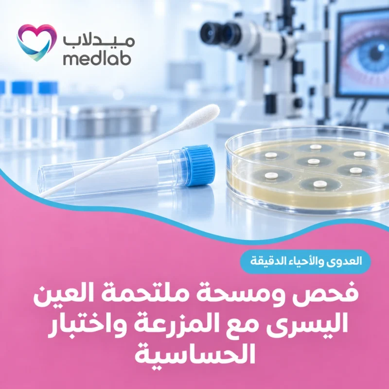 فحص ومسحة ملتحمة العين اليسرى مع المزرعة واختبار الحساسية